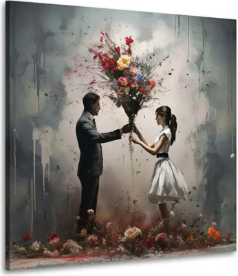Produktbild von Abstrakt Liebespaar bunte Blumen Leinwandbild Wandbild Kunstdruck XL Wanddeko: 60x60x2cm