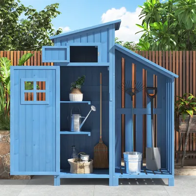 Produktbild von Parrot Uncle Outdoor Geräteschrank 124x46x174cm, Blau, wetterfestes Gartenhaus aus Holz, für Terrasse & Garten, 1 St