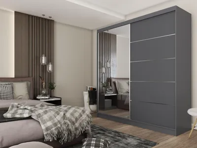 Obrázek produktu pro Moderní Šatní Skříň s Posuvnými Dveřmi Šatní Skříň Šedá se Zrcadlem 120 150 180 200 cm - Grafitová Matná Šatní Skříň do Ložnice s Posuvnými Dveřmi - Šatní Tyč - 200 cm - Šedá