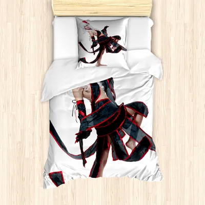 Produktbild von ABAKUHAUS Anime Mantele, Krieger Art-Mädchen, Milbensicher Allergiker geeignet mit Kissenbezügen, 135 cm x 200 cm - 80 x 80 cm, Rot, Weiß und Schwarz