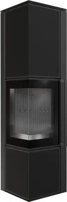 A black corner fireplace is shown against a light gray background.