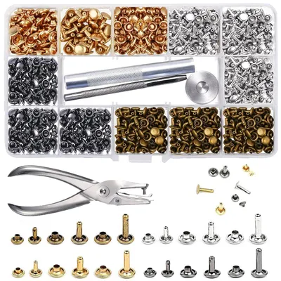Produktbild von Leder Nieten Set, 480 Stück, 3 Größen, 4 Farben, mit Werkzeug, für DIY Projekte