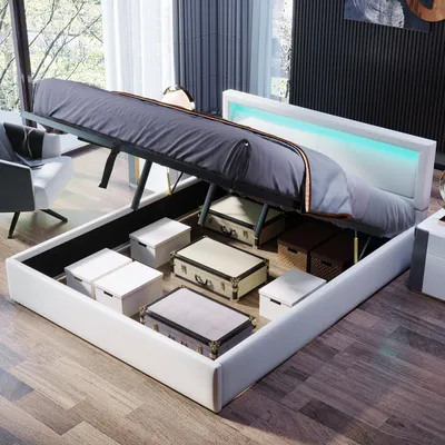 Produktbild von okwish Polsterbett 140x190 Jugendbett mit Lattenrost und Stauraum,Bettgestell ohne Matratze,mit farblich abgestimmter Beleuchtung,aus PU,weiß