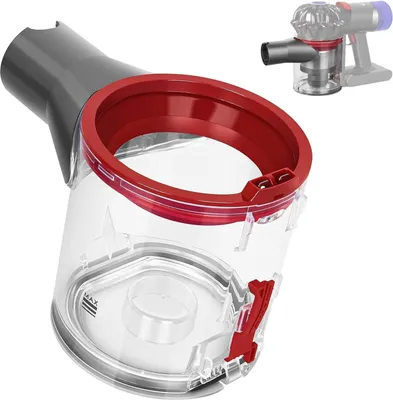 A transparent dustbin for a Dyson vacuum cleaner is shown against a white background. A smaller inset image shows the dustbin attached to a Dyson vacuum cleaner.