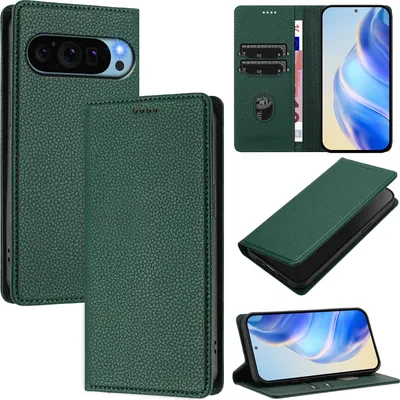 Image de Étui en cuir pour Google Pixel 9 Pro XL, Litschi cuir, étui portefeuille avec fentes pour cartes et support Vert