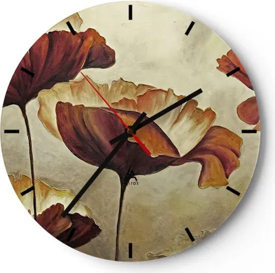Produktbild von Wanduhr - Rund - Glasuhr - Mohn Blume Wiese - 40x40cm - Schleichendes Uhrwerk - Lautlos - zum Aufhängen bereit - Dekoration Modern - Wanddekoration aus Glas - C3AR40x40-3760