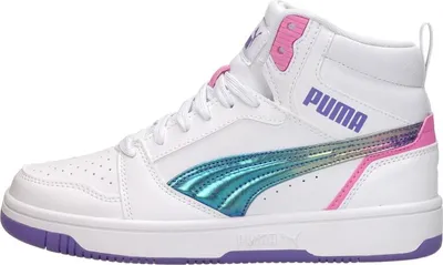 A side view of a single Puma Rebound V6 Mid Bouncy Sky Jr. sneaker.