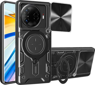 Produktbild von Handyhülle für Tecno Camon 30 Pro 5G Dual-Layer Stoßfest Rüstung Hülle mit Dia Kameraschutz und Kreisförmig Ring Ständer Schwarz