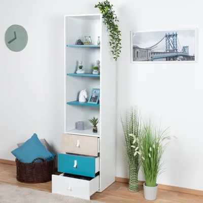 Produktbild von Jugendkleiderschrank Aalst 20 schmal, 190x45x40 cm, 3 Schubladen, Eiche Weiß Blau