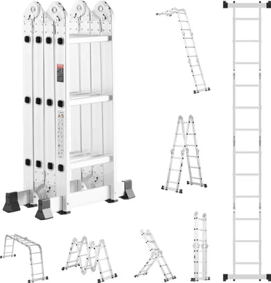 A collage of various configurations of a multi-purpose aluminum ladder against a white background.