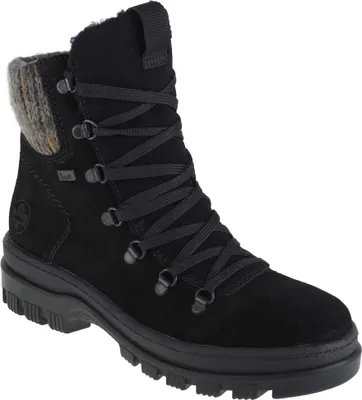 A black winter boot with laces and a knitted cuff.