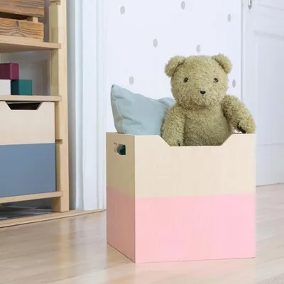 Produktbild von Aufbewahrungsbox aus Holz Modell 4 - mit Griffen - Rosa und Naturholzfarbe - 33 x 33 x 37 cm