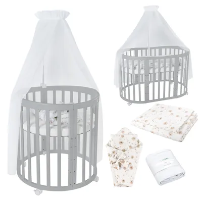 Produktbild von Waldin Babybett OWAL Kinderbett 7in1 mit Matratze, mitwachsendes Kinder-Bett,Stoffe Weiß Löwenzahn,Holz grau