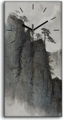 Produktbild von Wandkunst Leinwand Bild Uhr 30x60 Malerei Asiatische Berge Nebel Bäume - schwarze Hände
