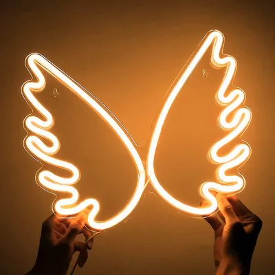 Two hands hold up a neon angel wing light.