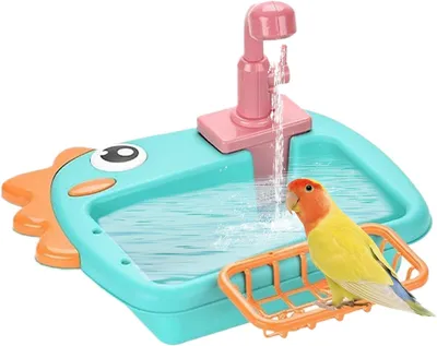 Produktbild von Automatische Papageiendusche mit Badewannen-Wasserhahn und verstellbarer Vogelbadewanne für Innen- und Außenbereich, Garten und Terrasse