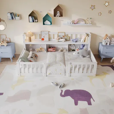 Produktbild von UnboxG Kinderbett 90x200 cm aus Massivholz , Montessori Bodenbett mit Bücherregal, Sicherheitsgeländer und Lattenrost, Weiß