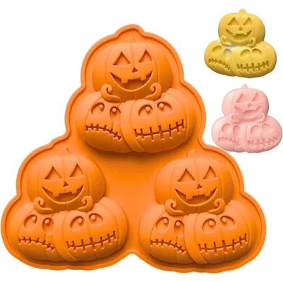 Immagine prodotto di Stampo in silicone per Halloween, con 3 cavità a forma di zucca, ideale per cioccolato e caramelle. Dimensioni: 22,5 x 19,3 x 1,7 cm