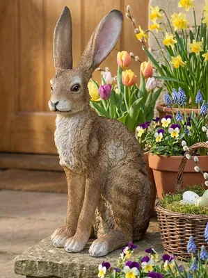 Zdjęcie produktu dla Figurka królika naturalnej wielkości XXL – realistyczna figurka ogrodowa królika (51 cm) Odporna na warunki atmosferyczne dekoracja wielkanocna do ogrodu i na taras – naturalistyczny królik polny wykonany z poliresinu