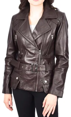 Productafbeelding van Dames Leren Bikerjack - Met Ceintuur - Bruin - Maat 36