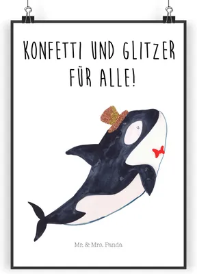 Produktbild von Mr. & Mrs. Panda Bild Orca Zylinder DIN A5 - Weiß - Geschenk, wanddeko, Geburtstag, Glitzer, Meer, kunstdruck poster, Wandbild, Konfetti, Fest, Narwal, drucke