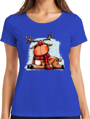Produktbild von Rudolf Rentier Weihnachten rote Nase roter Schal Geschenk Damen T-Shirt, Blau, 3XL