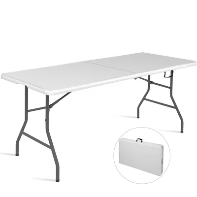 A white folding table with gray legs on a white background. A smaller inset image shows the table folded.
