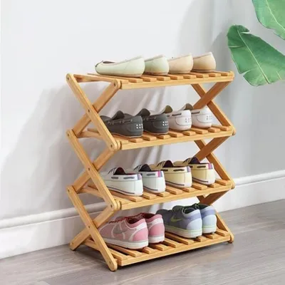 Produktbild von PolkaHome® Bambus Schuhregal 4 Ebenen Klappbar, Platzsparendes Schuhregal ohne Montage, Kleines Schuhregal für Flur, Schlafzimmer und