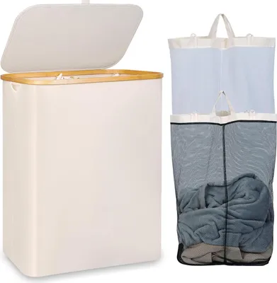 Produktbild von iEGrow XL Wäschekorb150L Bambusgriff Deckel 2 Fächer Beige