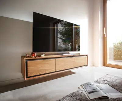 Produktbild von DELIFE Lowboard Stonegrace 145 cm Akazie Natur 3 Türen Steinfurnier schwebend