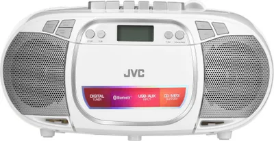 A white JVC portable CD player with speakers and a cassette deck.
