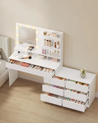 Produktbild von VASAGLE Schminktisch mit Kommode, gerade oder L-förmig, Frisiertisch mit Licht und Spiegel, einstellbare Lichtfarben, weiß