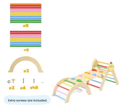 Image de Équipement de gymnastique, structure en bois de hêtre massif, éléments d'escalade réglables, couleurs variées