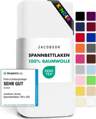 Produktbild von Jacobson Jersey Spannbettlaken Spannbetttuch Baumwolle Bettlaken (60x120-70x140 cm, Weiss)