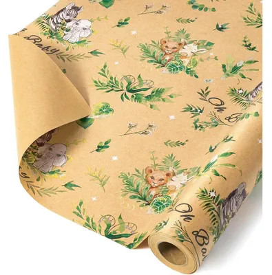 Productafbeelding van Kraft cadeaupapier met afbeeldingen van bosdieren, 1 rol van 43 cm x 10 m, geschikt voor babyfeestjes en kinderfeestjes