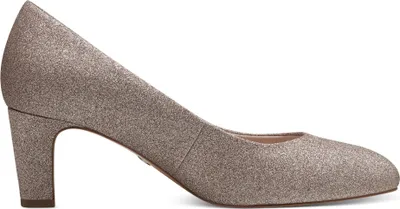 A side view of a single glittery pink pump shoe with a block heel against a white background.