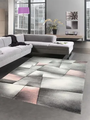 Produktbild von Teppich Kurzflor Wohnzimmerteppich karo abstrakt pastell rosa grau Größe - 200 cm Rund