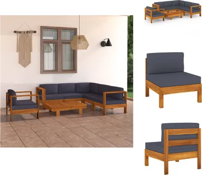 Produktbild von vidaXL 7-tlg. Garten-Lounge-Set mit Dunkelgrauen Auflagen Akazienholz - Gartenmöbel-Sets