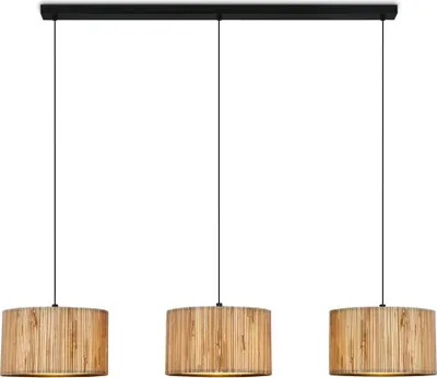 A three-light pendant lamp with natural woven shades, suspended from a black rectangular bar.