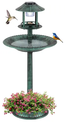 Image de Bain d'oiseaux solaire avec mangeoire et jardinière - Lumière LED, vert