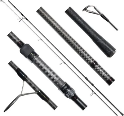 A fishing rod and its components are displayed against a white background.