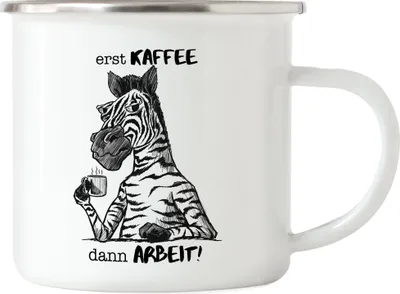 Produktbild von Erst Kaffee Dann Arbeit Emaille Tasse Kein Morgenmensch Morgenmuffel Büro Kollegen Zebra Geschenk