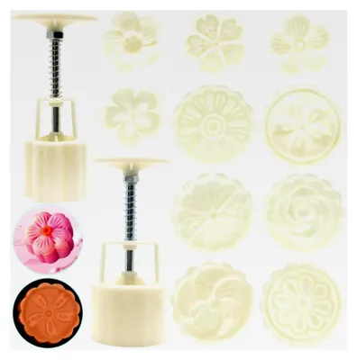 Produktbild von 2er Set Mondkuchenformen 50 g 75 g mit Mondkuchenpresse, Formmacher, Handdruck, Blumen-Ausstecher, Backwerkzeuge und 10 Stempeln