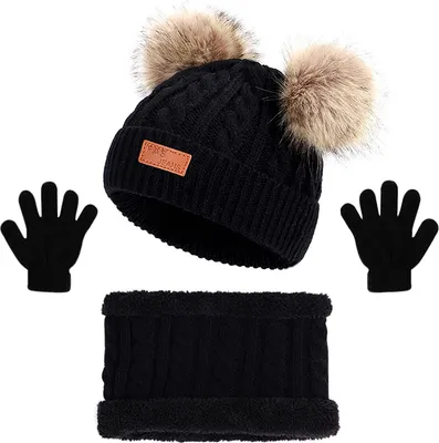 Produktbild von Mütze Set Jungen Mädchen,Mütze und Halstuch Baby Set,Bommel Beanie Strickmütze,Baby Mütze Beanie Strickmütze,Schal Mütze und Handschuhe,Kinder Wintermütze Schal Handschuhe,für Kinder 1-5 Jahre Rosa
