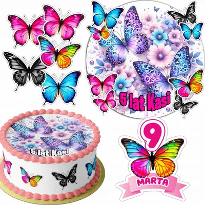 Obrázek produktu pro Zestaw Opłatek Na Tort 20Cm + 16 Postaci - Motyl + Imię 15Cm 18Cm