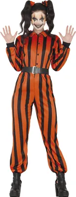 Produktbild von Clown Zirkus Spaß Halloween Kostüm Spaßiges Narrenkostüm Mit Gürtel Für Bunte Nächte Schaurige Gruselparty Fasching Karnevalskostüm Sträfling Look, Größe: 38 - 40 (M) Farbe: Orange / Schwarz