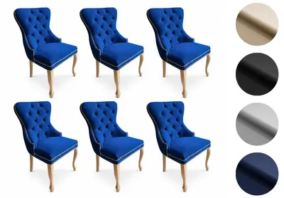 Produktbild von Chesterfield Stuhl MADAME 2 (6 Stück) – eleganter Polsterstuhl im Glamour-Stil, Samt Dunkelblau, Holzbeine in hellem Rustikal-Finish, Komfortsitz