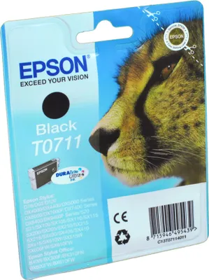 Produktbild von Epson Cheetah Singlepack Black T0711 DURABrite Ultra Ink, Standardertrag, Schwarz, Tinte auf Pigmentbasis, 7,4 ml, 1 Stück(e), Einzelpackung