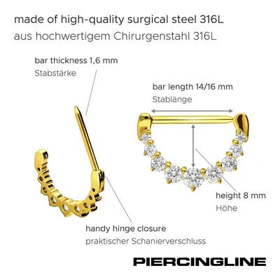 Produktbild von Brustwarzenpiercing, Chirurgenstahl Nippelpiercing Clicker 9 KRISTALLE RoséGold Stablänge: 16mm