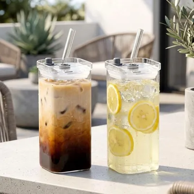 Image de Mugs en verre avec couvercle et paille, 340 ml, lot de 2